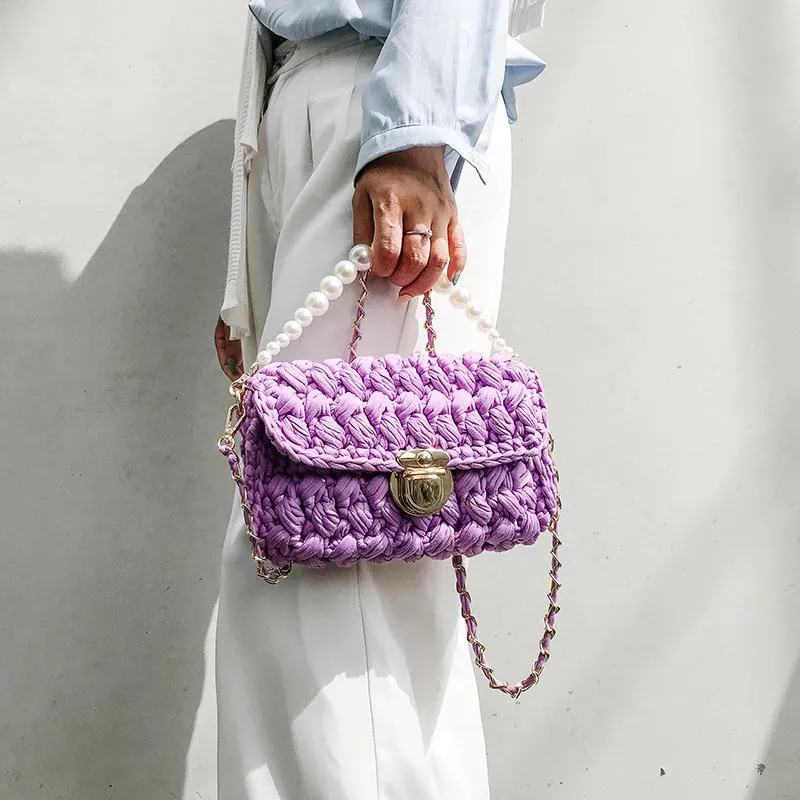 Cute White(Square) Crochet Small Handbag Crossbody Purse Crochet Shoulder Bag for Girl Cute Crochet Purses