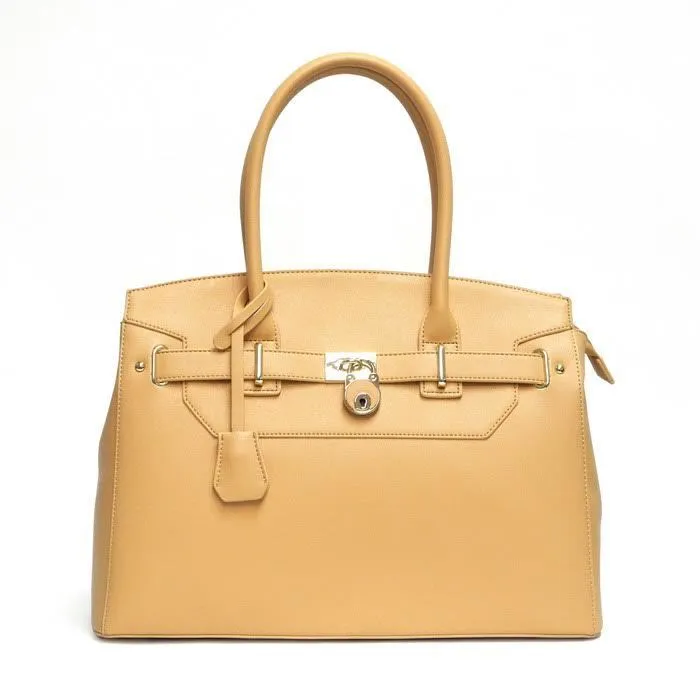 Designer Inspired LOEM brand beige pad lock key zipper pockets shoulder Bag hand