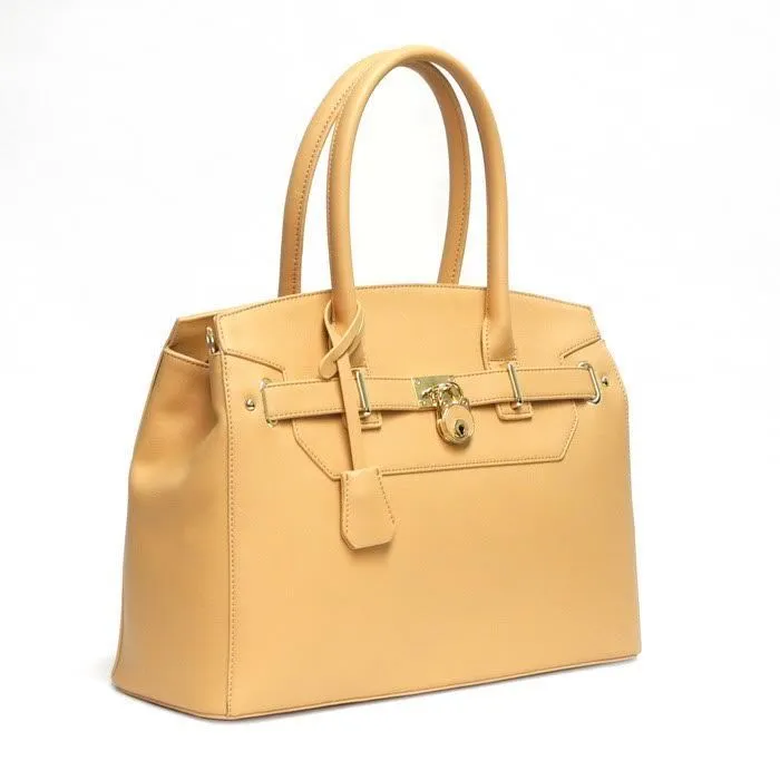 Designer Inspired LOEM brand beige pad lock key zipper pockets shoulder Bag hand