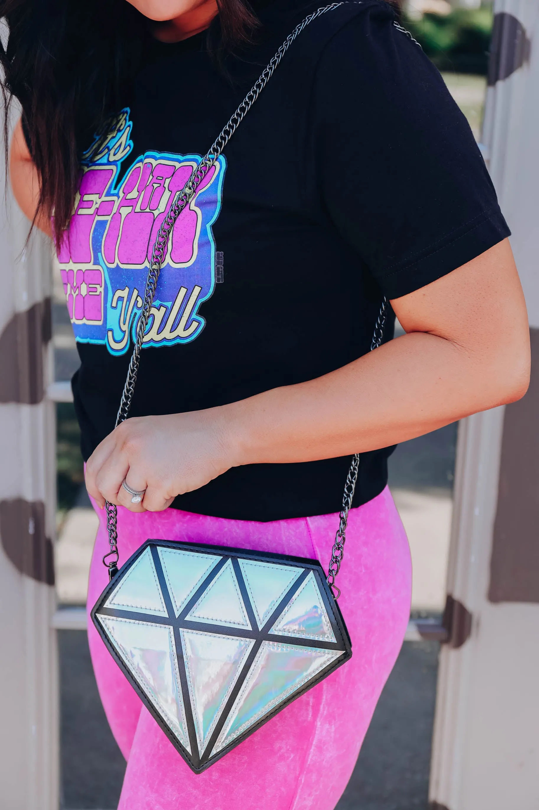 Diamond Girl Iridescent Crossbody Bag - Fuchsia & Silver