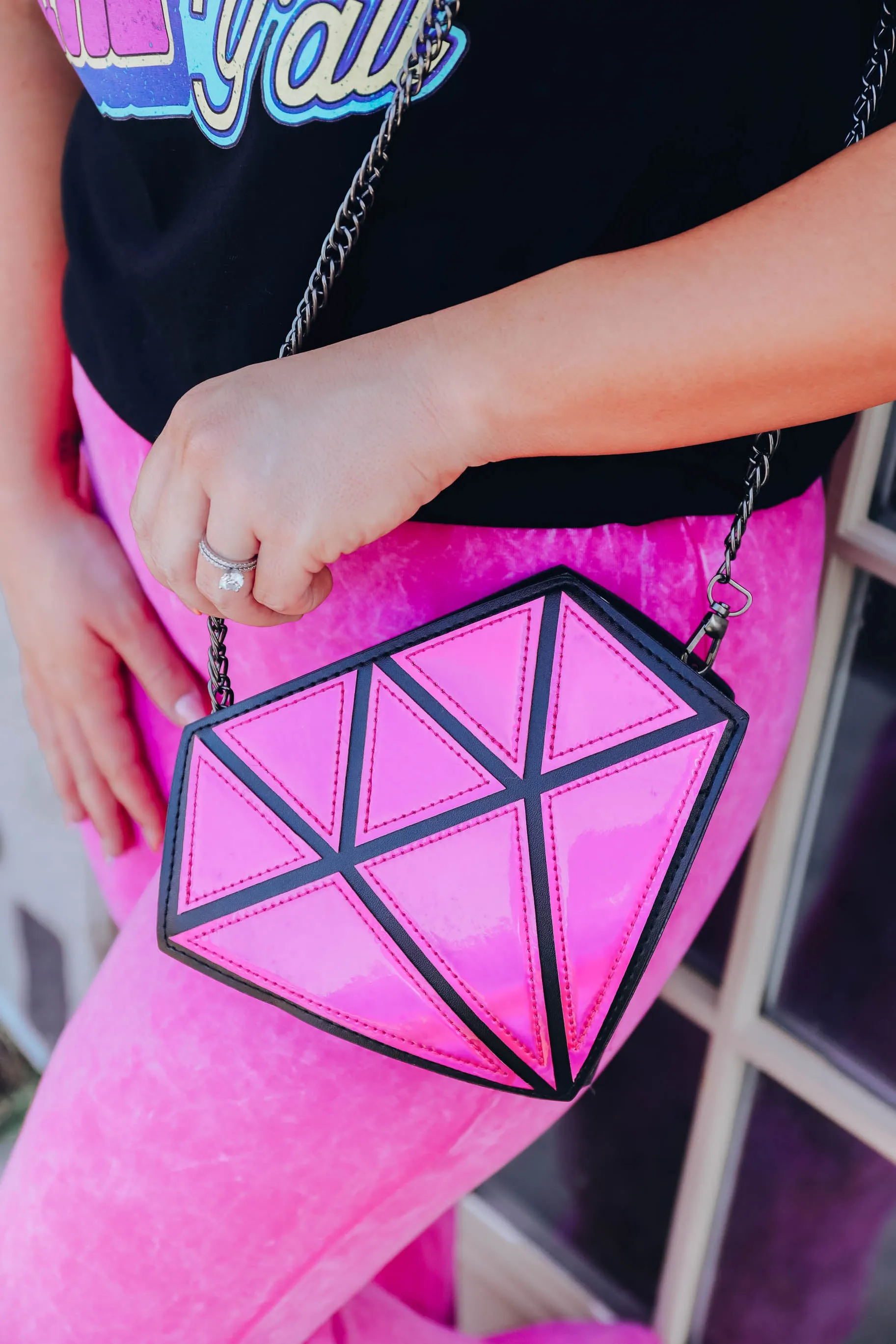 Diamond Girl Iridescent Crossbody Bag - Fuchsia & Silver