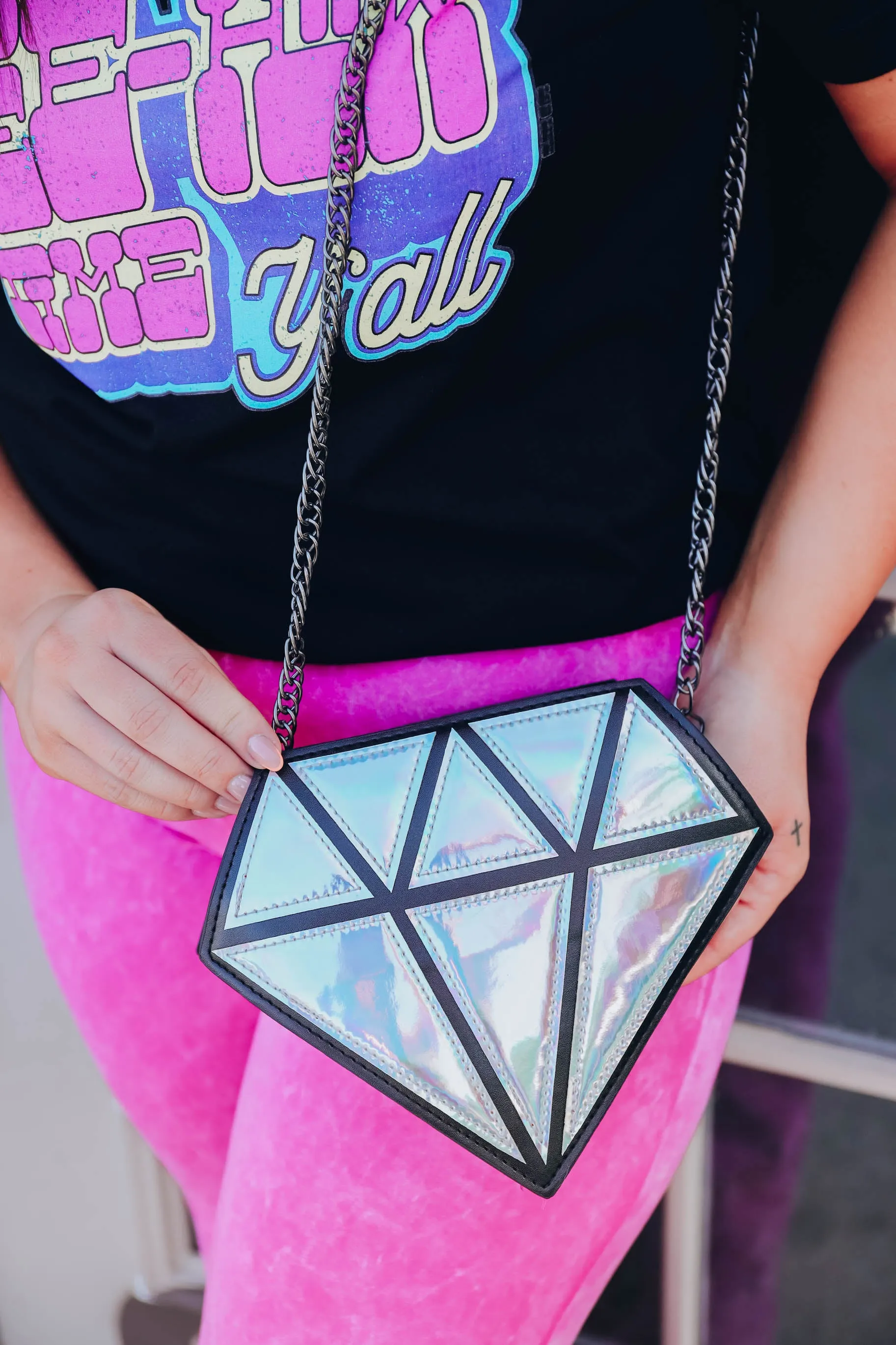 Diamond Girl Iridescent Crossbody Bag - Fuchsia & Silver