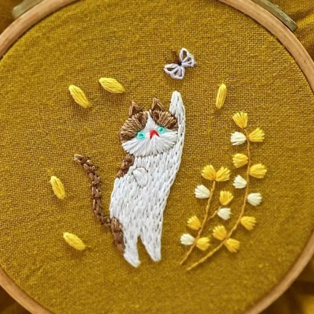 DIY Kit Embroidery 3D Cat Fabric Bamboo hoop Decor