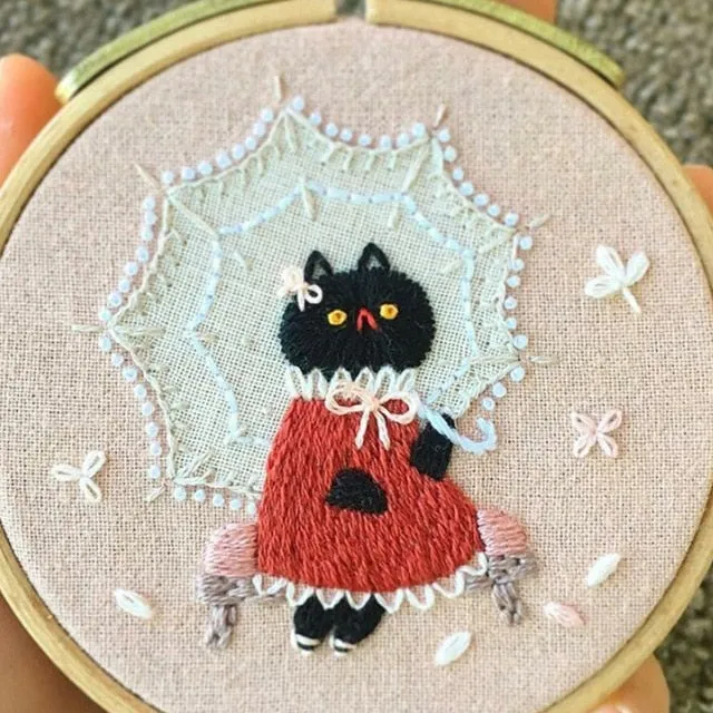 DIY Kit Embroidery 3D Cat Fabric Bamboo hoop Decor