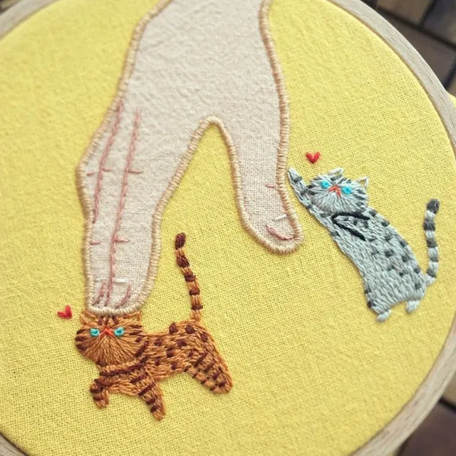 DIY Kit Embroidery 3D Cat Fabric Bamboo hoop Decor