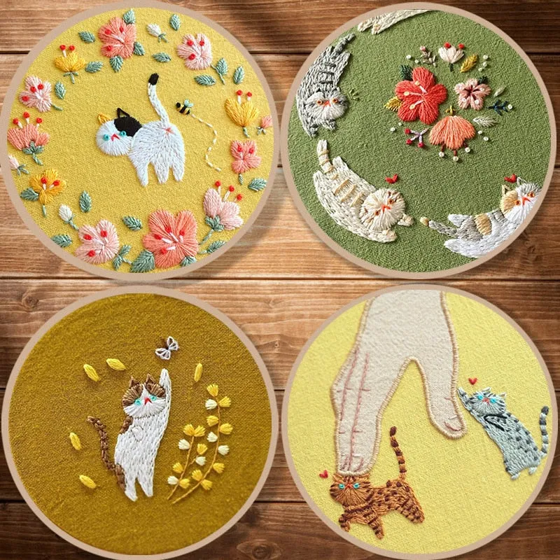 DIY Kit Embroidery 3D Cat Fabric Bamboo hoop Decor