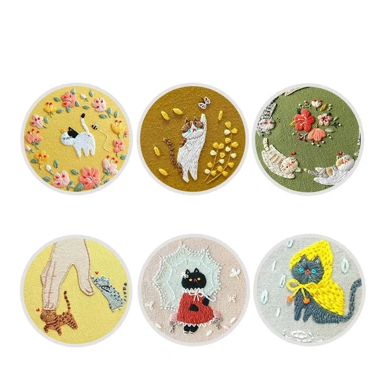 DIY Kit Embroidery 3D Cat Fabric Bamboo hoop Decor