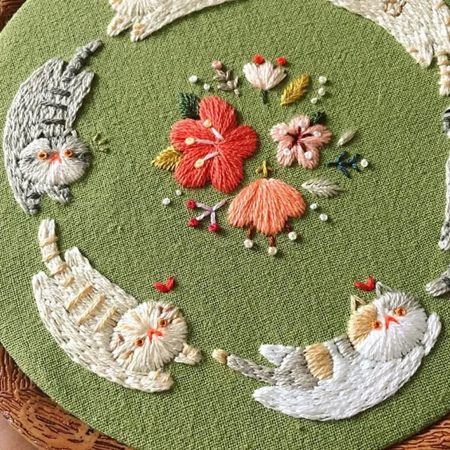 DIY Kit Embroidery 3D Cat Fabric Bamboo hoop Decor