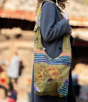 Earth Divas - Cotton Crossbody Bag w/Razor Cut & Sunflower Design