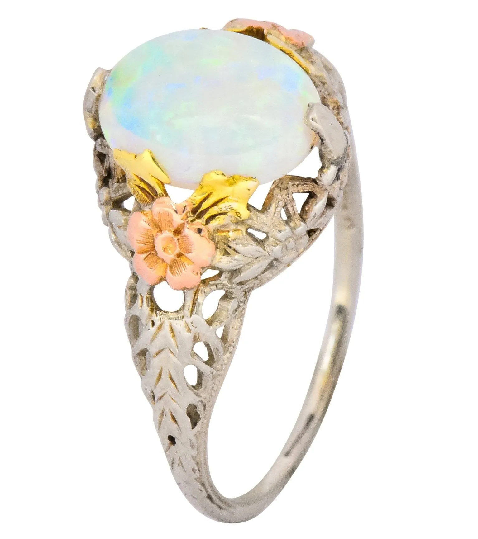 Edwardian Oval Cabochon Opal 14 Karat Tri-Colored Gold Ring