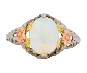 Edwardian Oval Cabochon Opal 14 Karat Tri-Colored Gold Ring