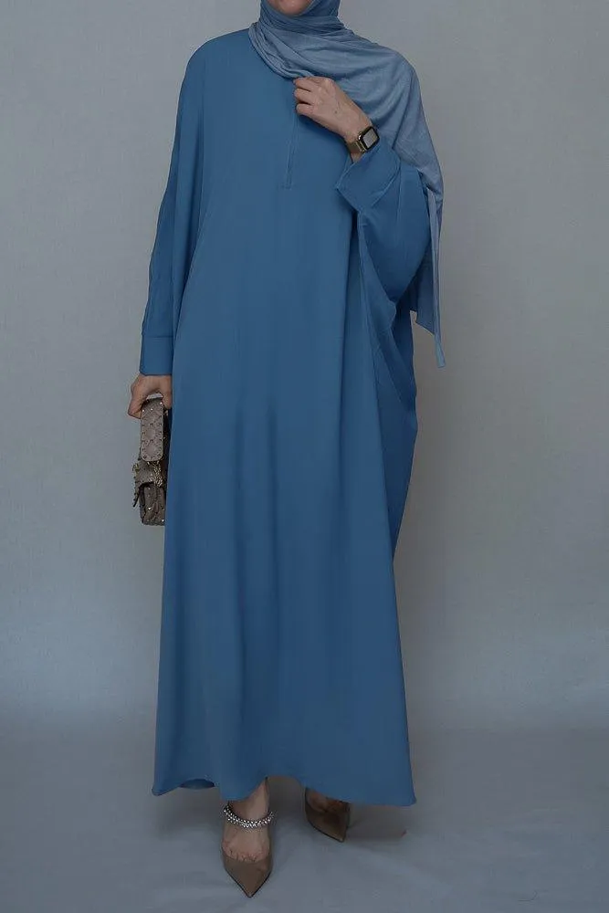Elegant Blue Batwing Sleeve Dress with Front Zipper