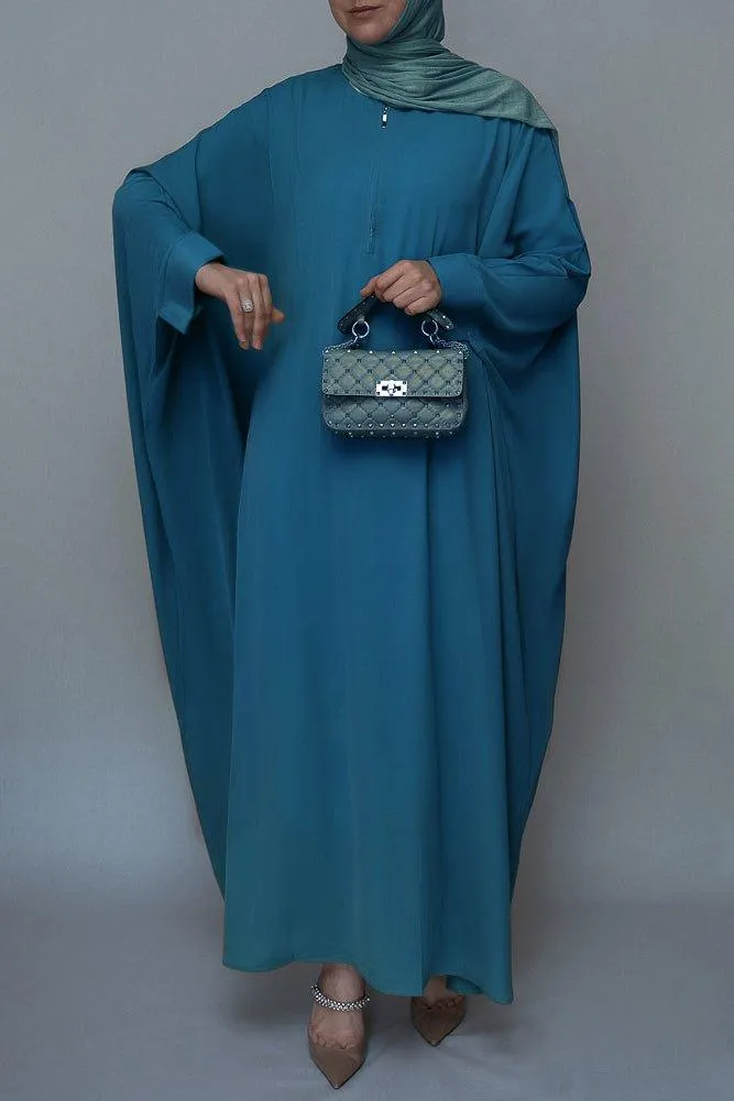 Elegant Blue Batwing Sleeve Dress with Front Zipper