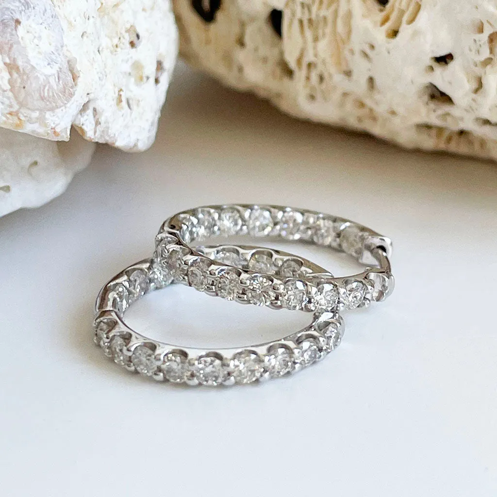 Elegant Double White Diamond White Gold Hoops
