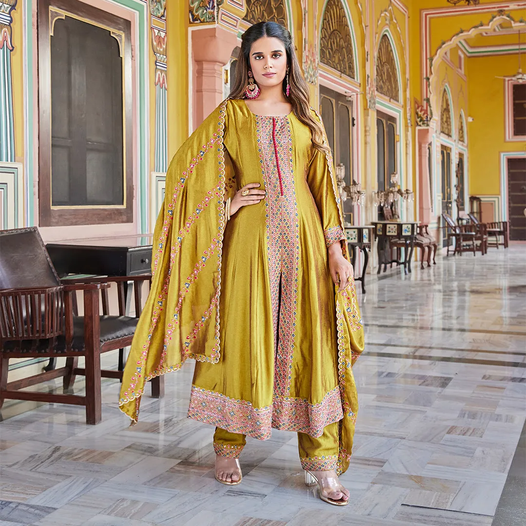 Elegant Golden Anarkali Suit with Intricate Embroidery