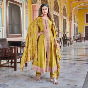 Elegant Golden Anarkali Suit with Intricate Embroidery