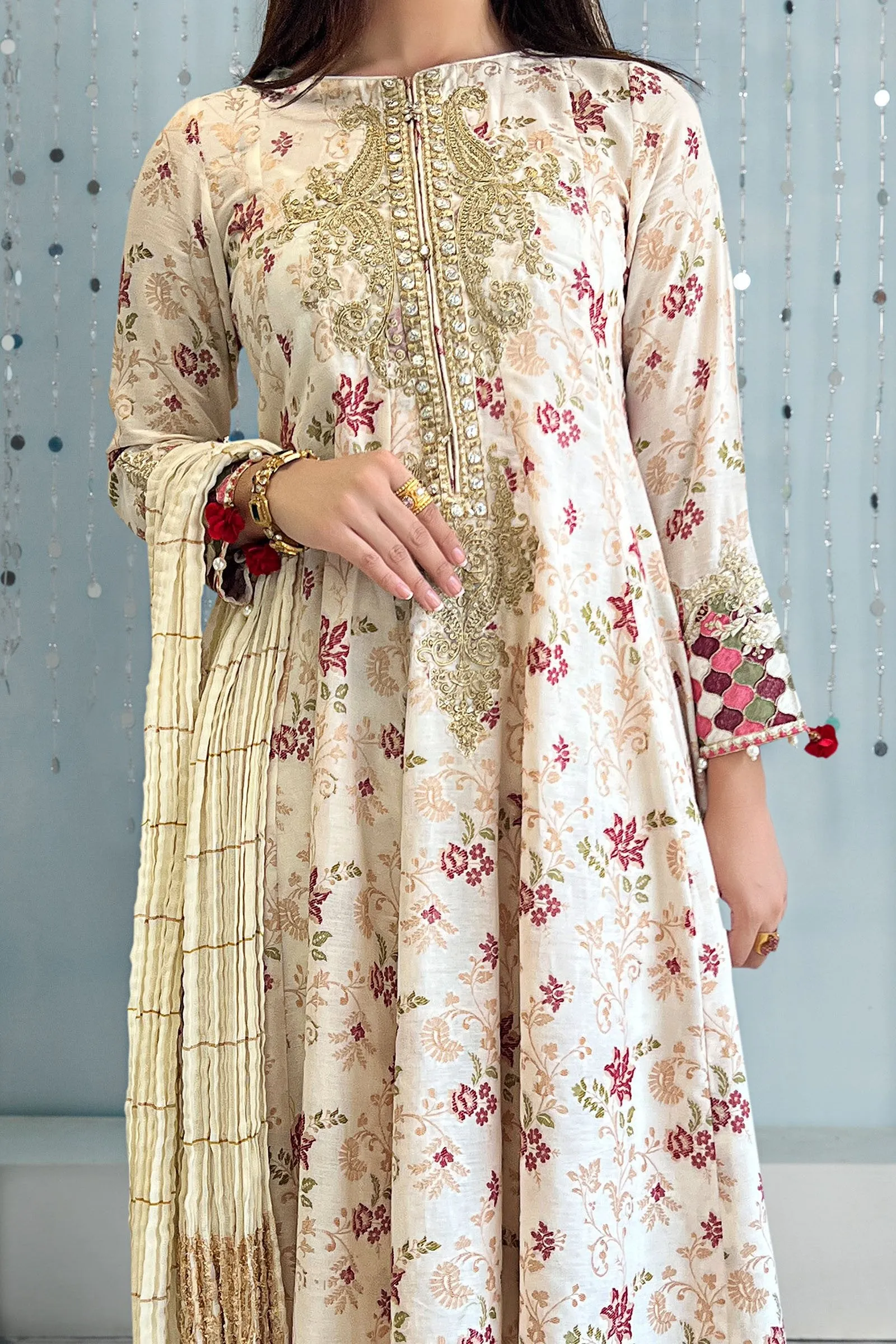 Elegant Pakistani Long Frock with Trousers and Dupatta