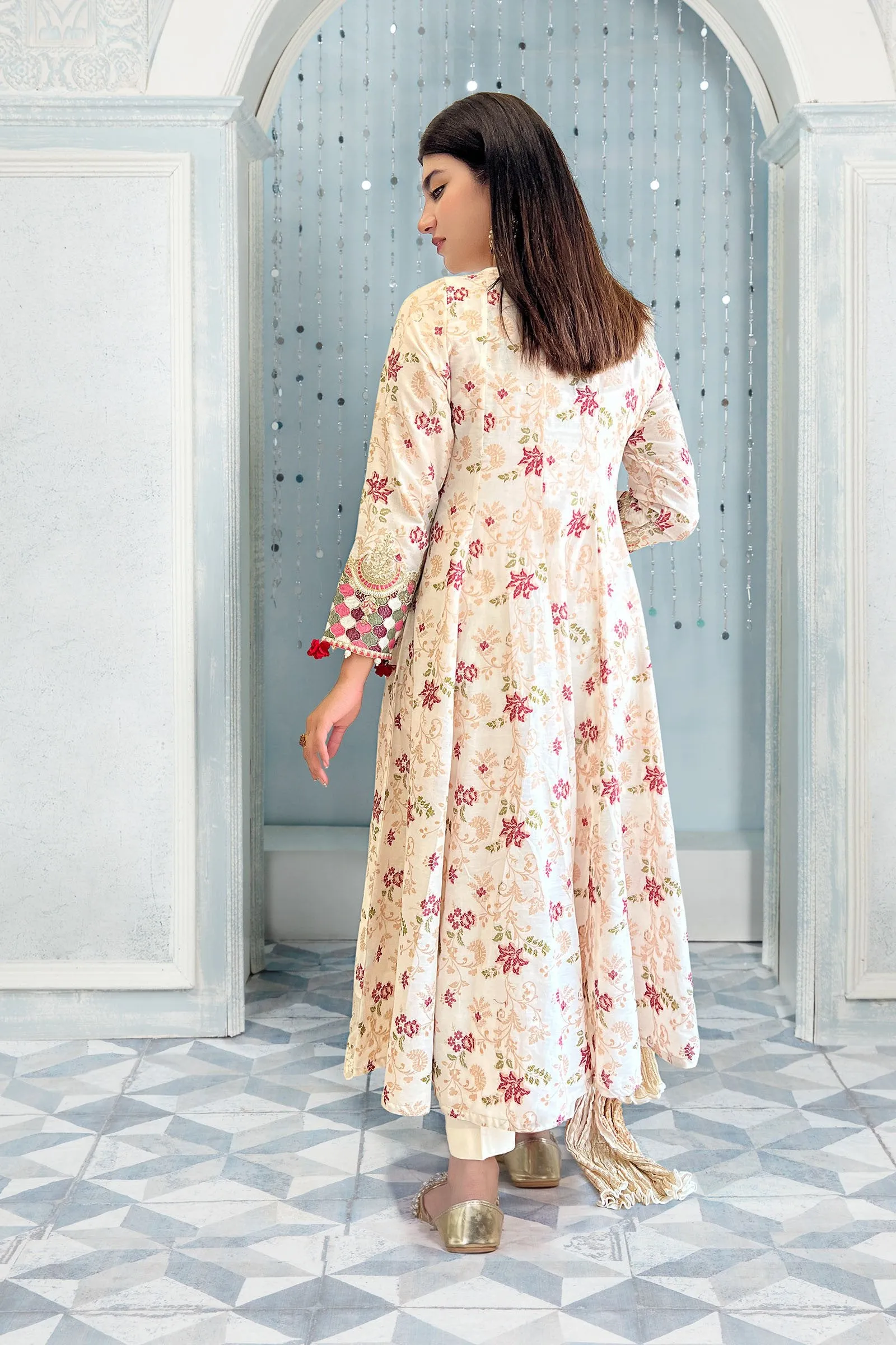 Elegant Pakistani Long Frock with Trousers and Dupatta