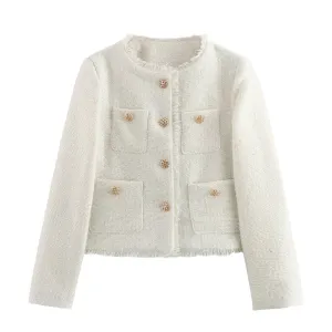 Elegant Vintage Pocket Cropped Jacket: White