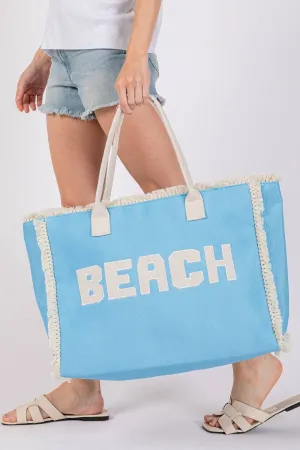 Embroidered Beach Letter Fringe Tote Bag: Blue
