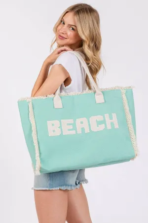 Embroidered Beach Letter Fringe Tote Bag: Mint