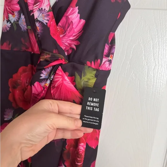 Express Satin Floral Twist  Wrap Dress - Black and Pink