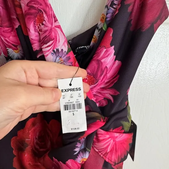 Express Satin Floral Twist  Wrap Dress - Black and Pink