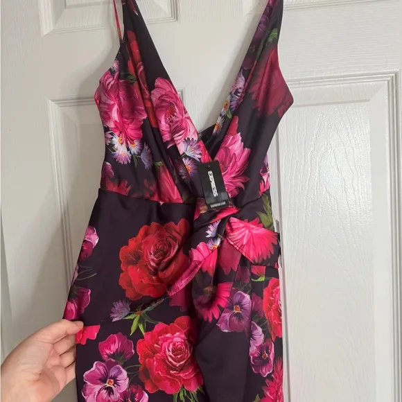 Express Satin Floral Twist  Wrap Dress - Black and Pink