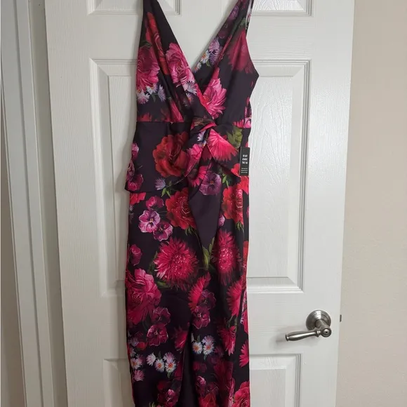 Express Satin Floral Twist  Wrap Dress - Black and Pink