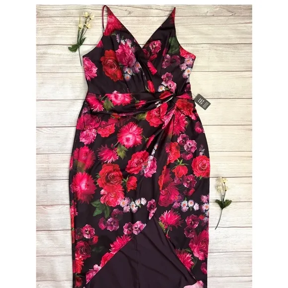 Express Satin Floral Twist  Wrap Dress - Black and Pink