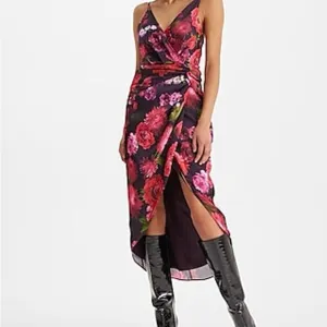 Express Satin Floral Twist  Wrap Dress - Black and Pink