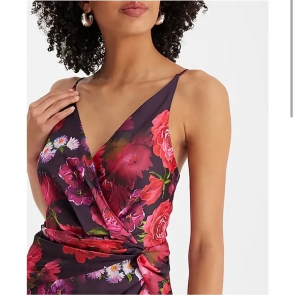Express Satin Floral Twist  Wrap Dress - Black and Pink