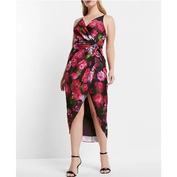Express Satin Floral Twist  Wrap Dress - Black and Pink