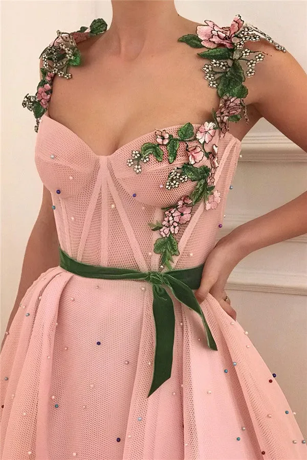 Exquisite Pink Tulle Burgundy See Through Bodice Sweetheart Sash Prom Dress with Pearls