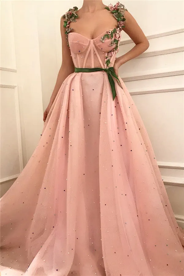 Exquisite Pink Tulle Burgundy See Through Bodice Sweetheart Sash Prom Dress with Pearls