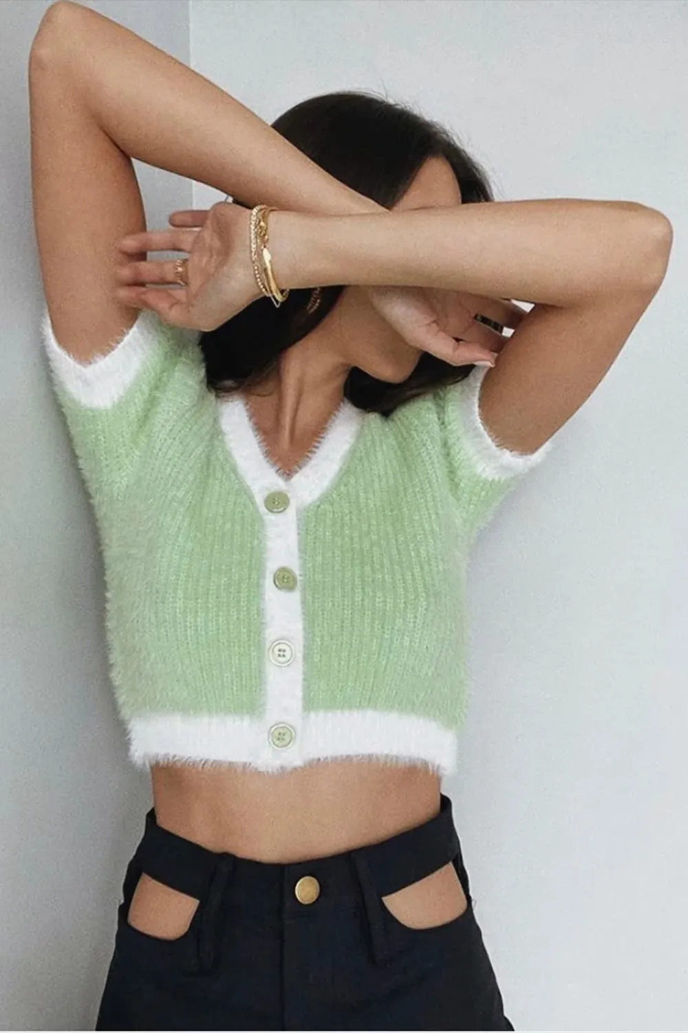 Fashion button short single-breasted sweater T-shirt