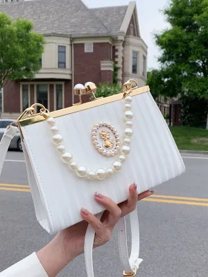 Figure & Faux Pearl Decor Kiss Lock Square Bag - White- FD ⚡