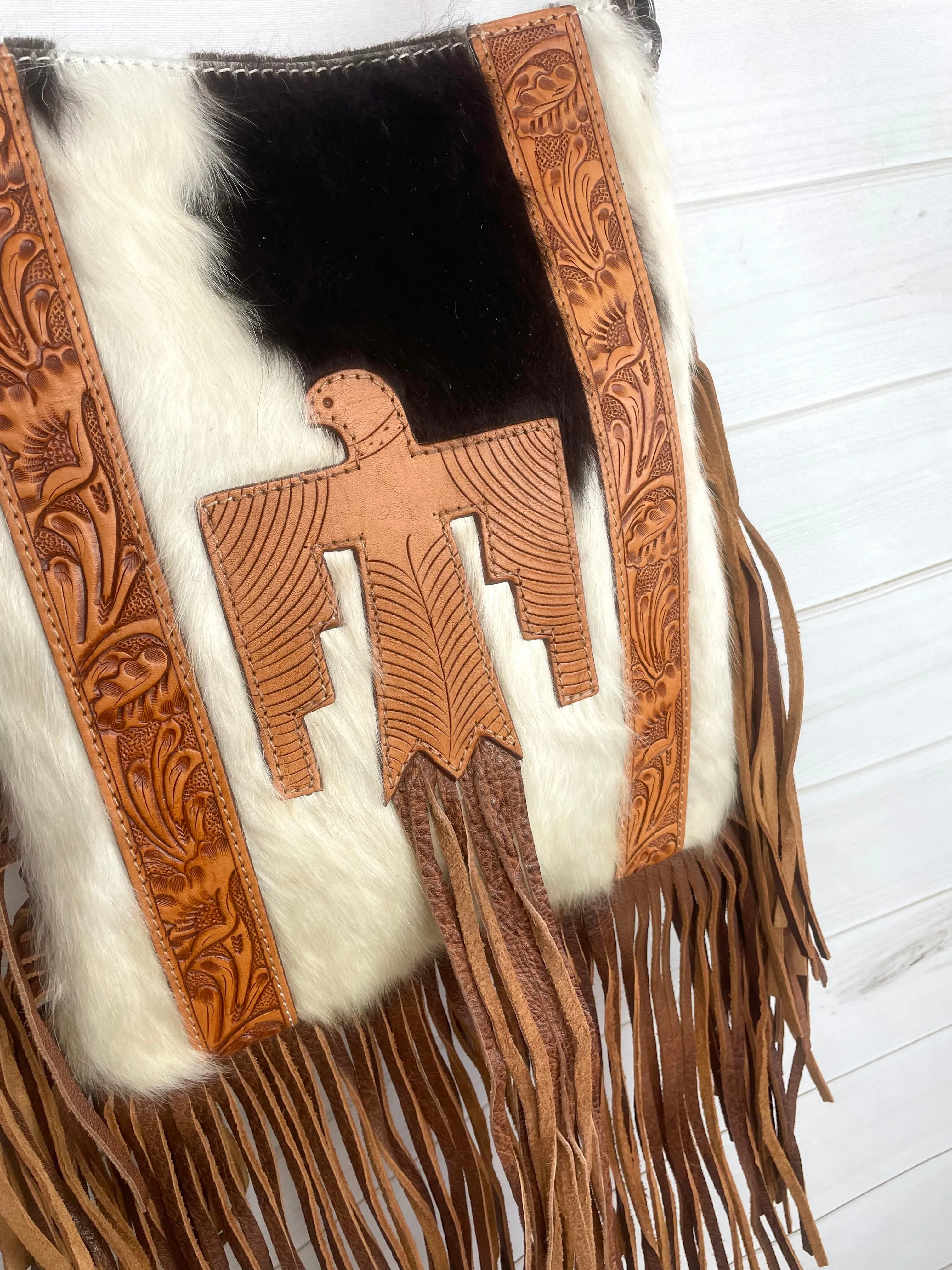 Firebird Hide Leather Tooled Crossbody Fringe Bag