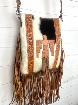 Firebird Hide Leather Tooled Crossbody Fringe Bag