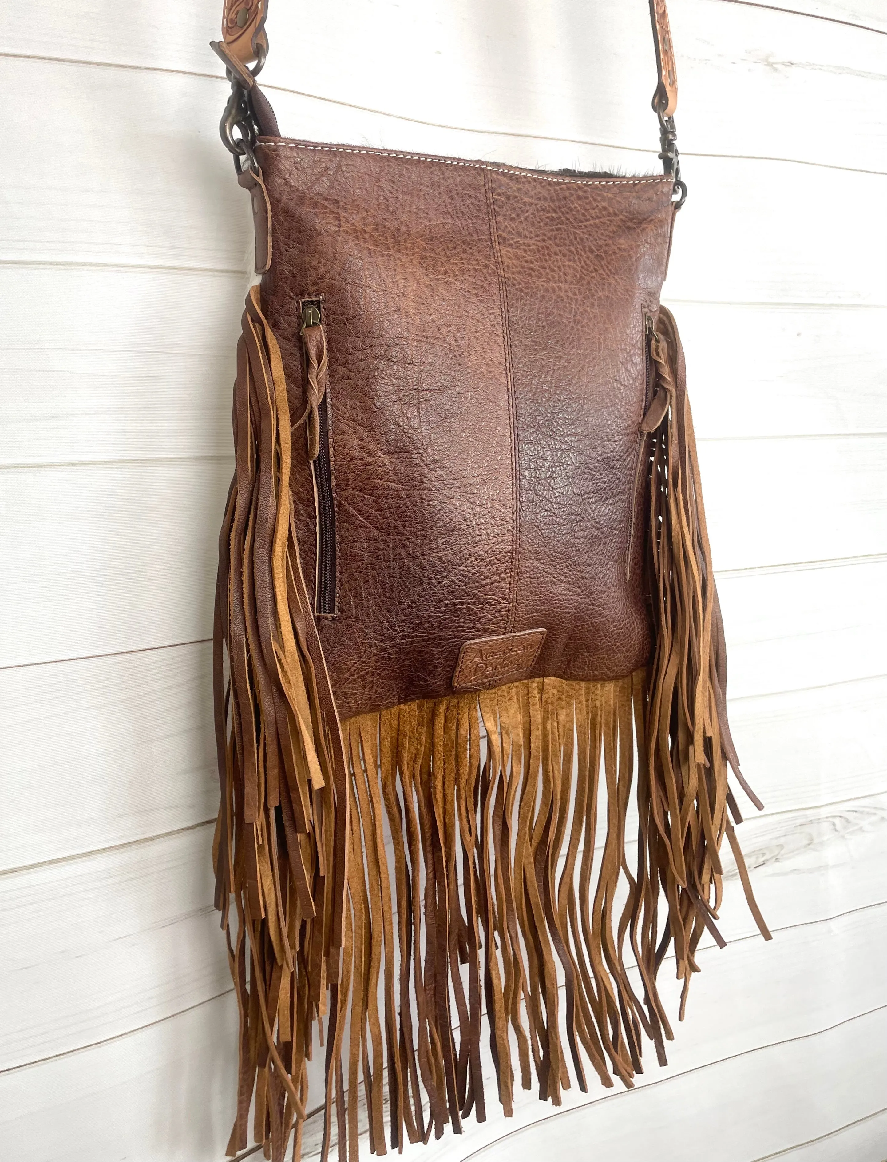 Firebird Hide Leather Tooled Crossbody Fringe Bag