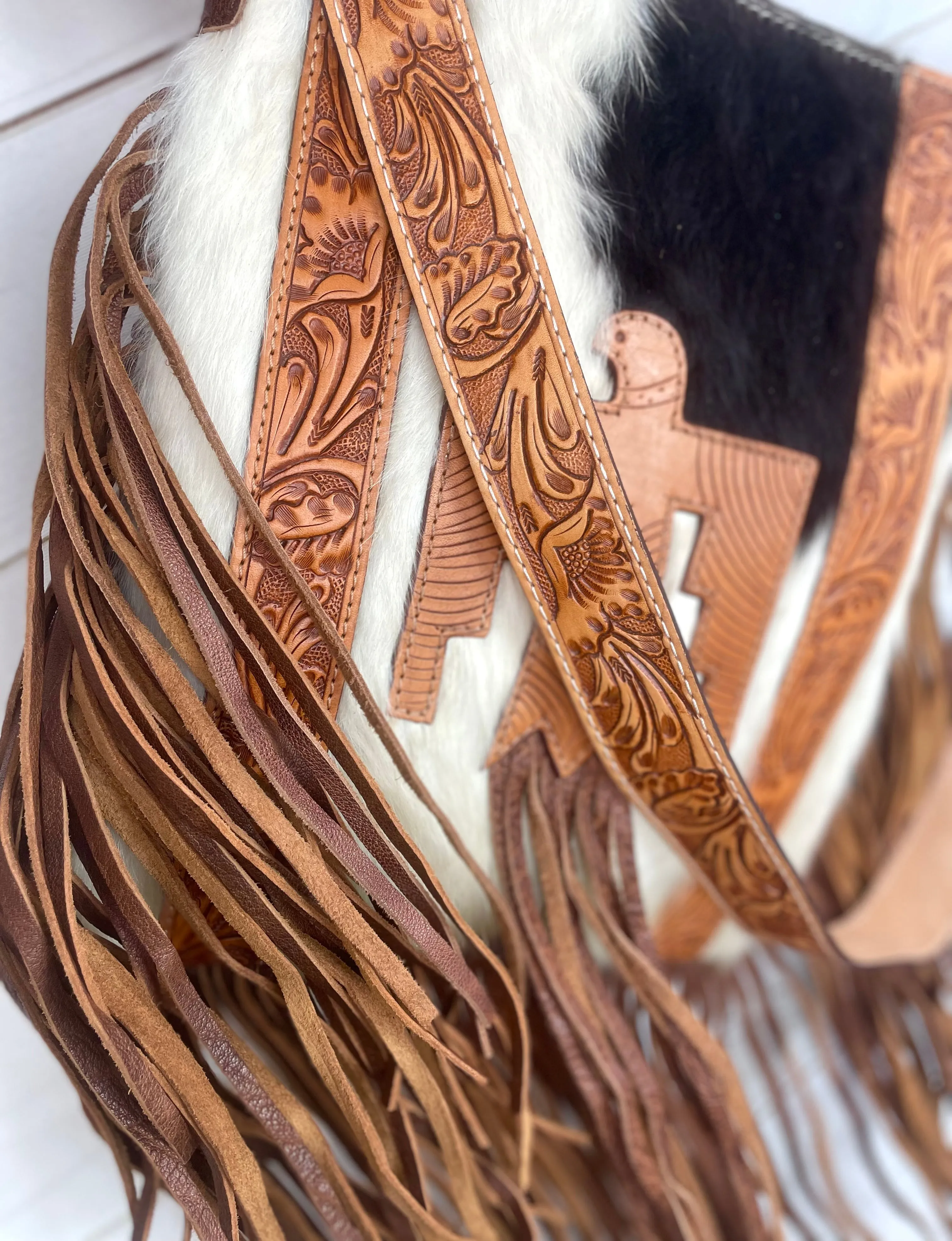Firebird Hide Leather Tooled Crossbody Fringe Bag