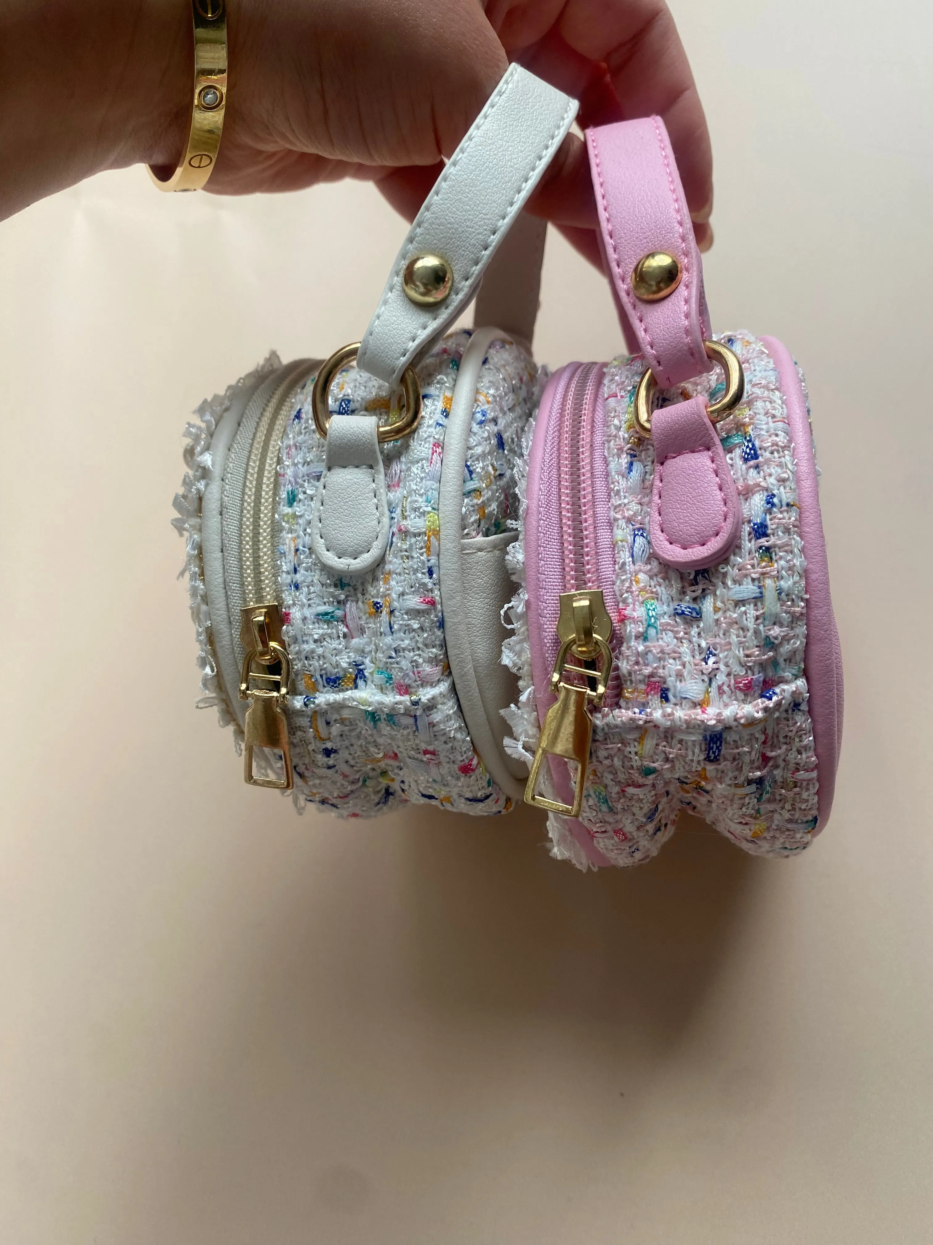 Flower Pearl Tweed Round Mini Bag - White
