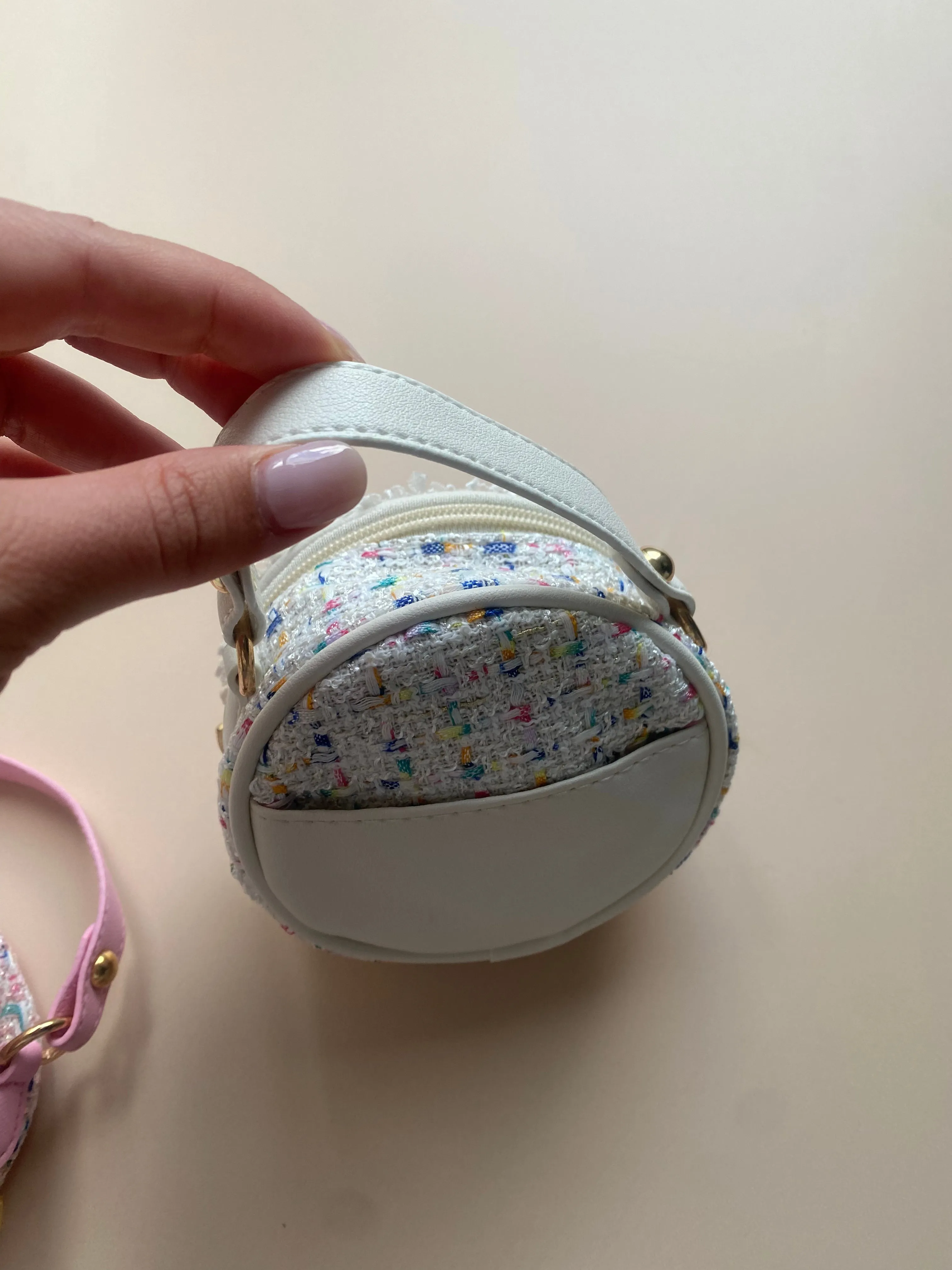 Flower Pearl Tweed Round Mini Bag - White