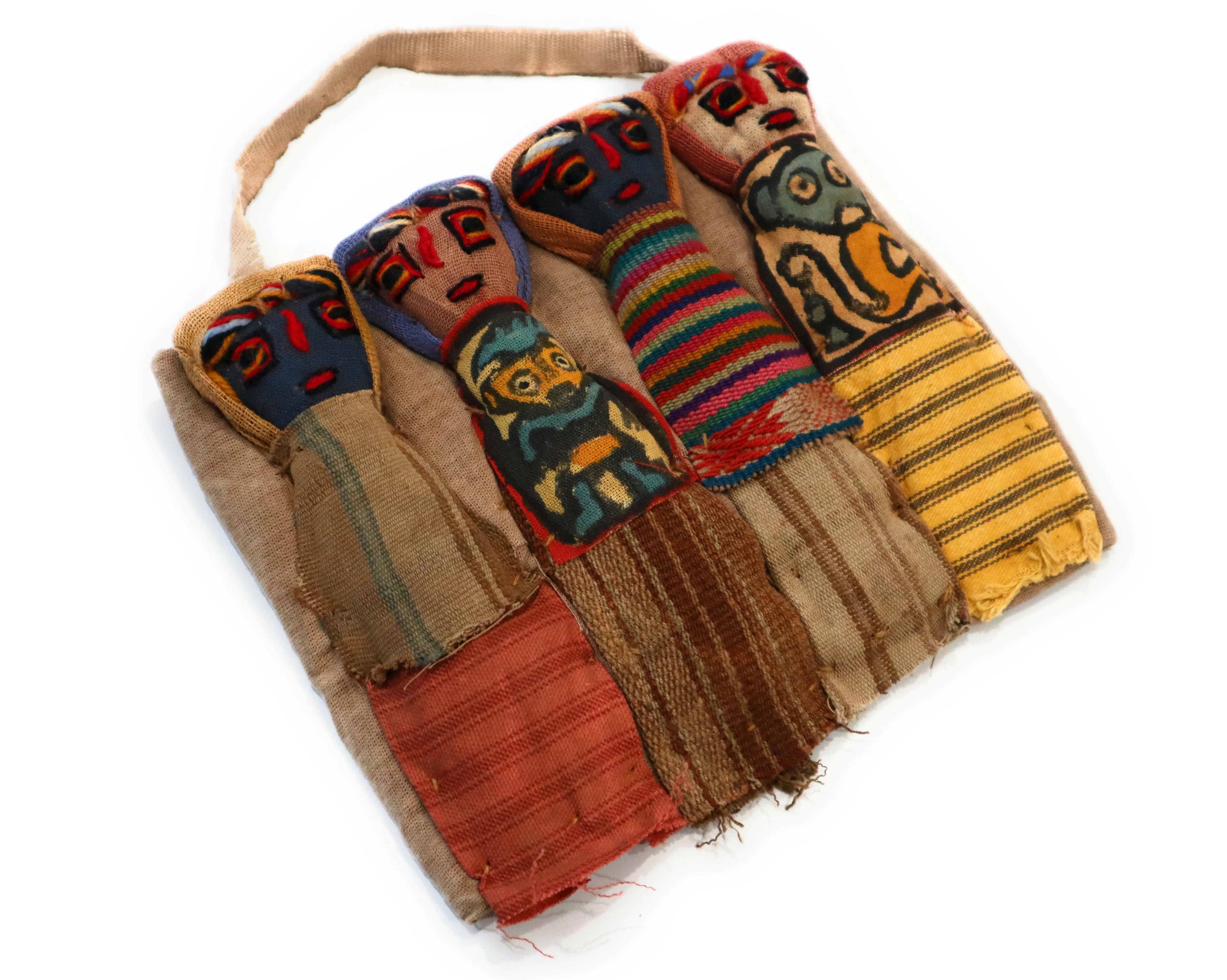 Funerary Dolls, Fertility Amulet Wall Hanging. Four Dolls Wrapped on Handwoven Traditional Peruvian Textile. 8" W x 6" H.