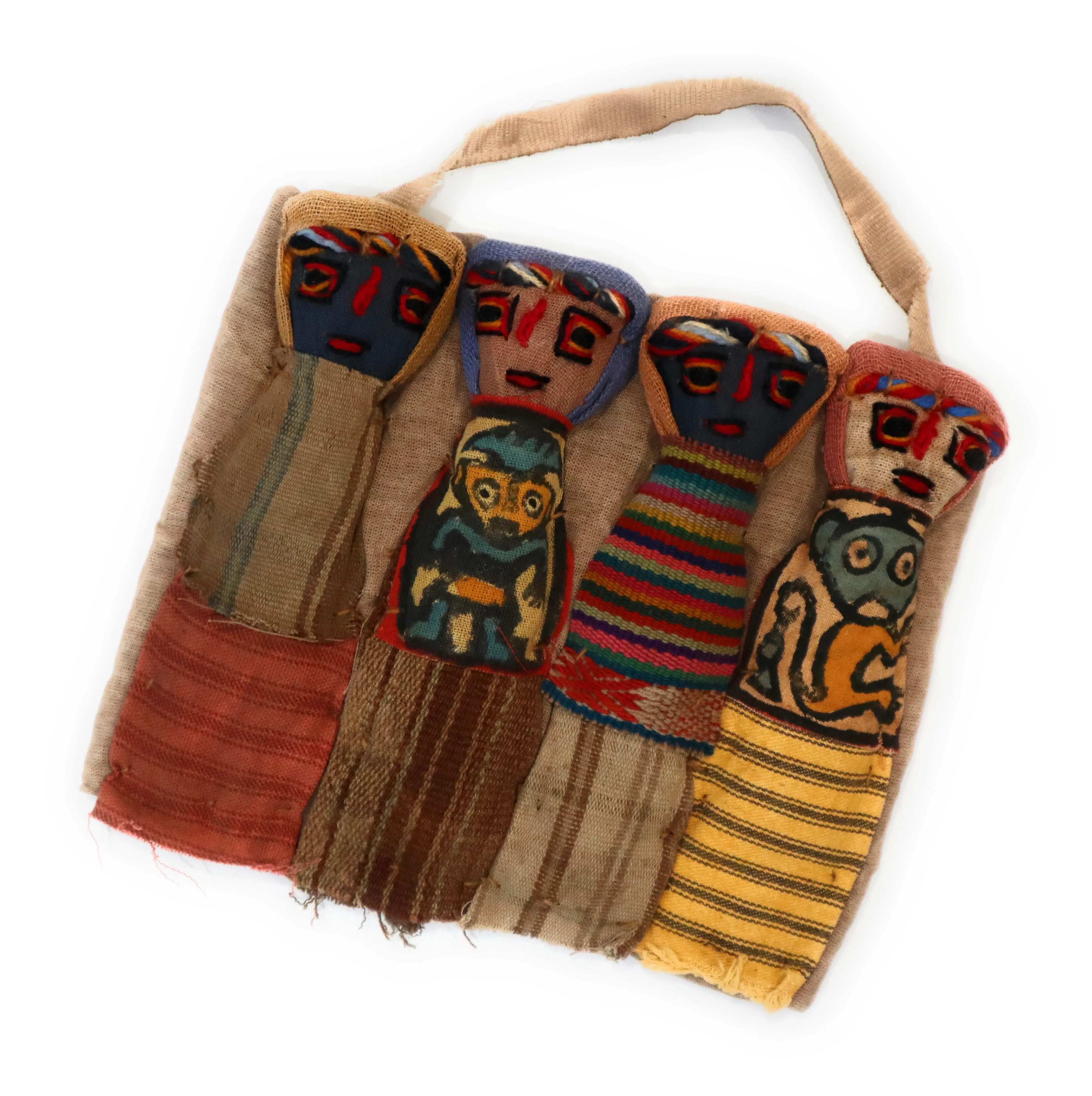 Funerary Dolls, Fertility Amulet Wall Hanging. Four Dolls Wrapped on Handwoven Traditional Peruvian Textile. 8" W x 6" H.