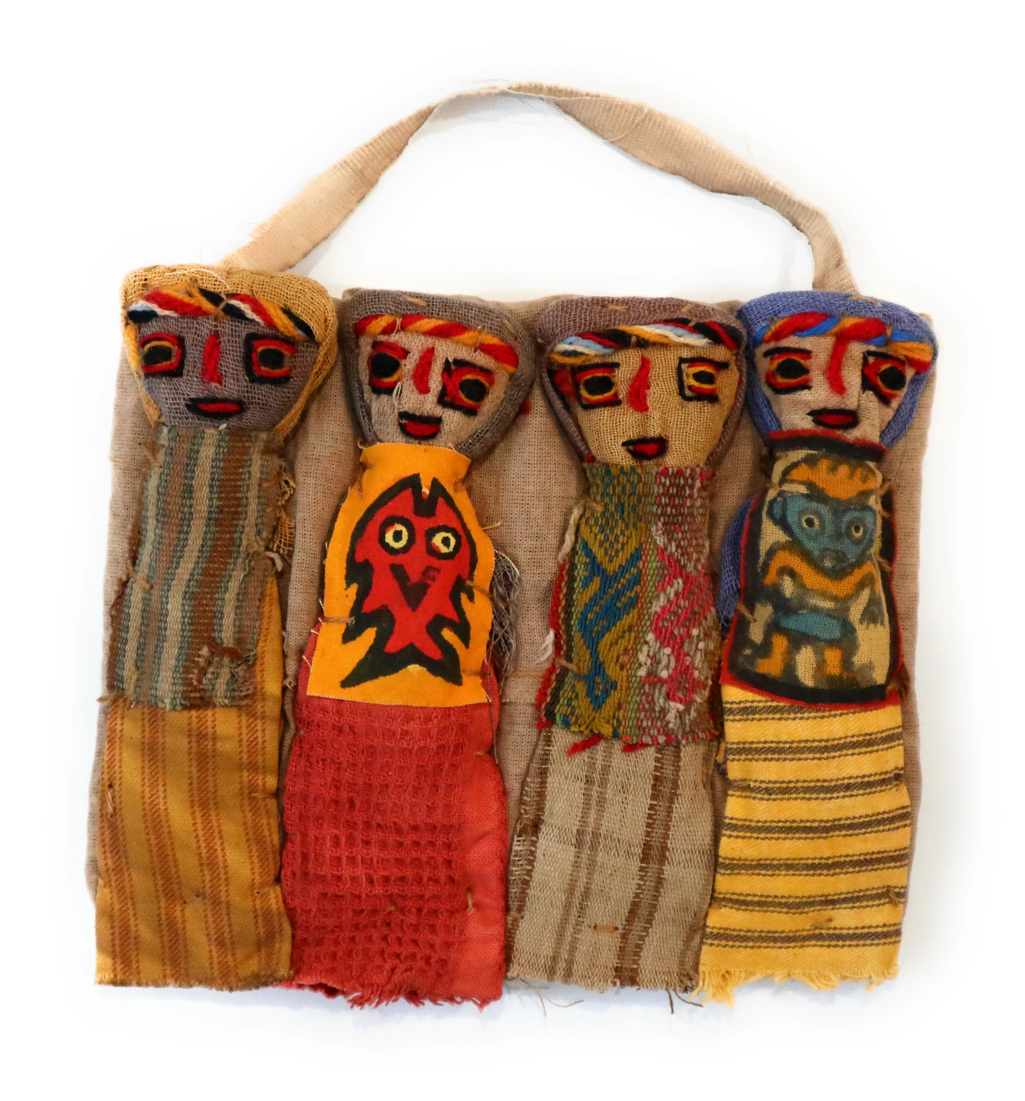 Funerary Dolls, Fertility Amulet Wall Hanging. Four Dolls Wrapped on Handwoven Traditional Peruvian Textile. 8" W x 6" H.