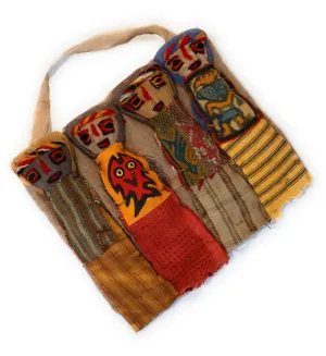Funerary Dolls, Fertility Amulet Wall Hanging. Four Dolls Wrapped on Handwoven Traditional Peruvian Textile. 8" W x 6" H.