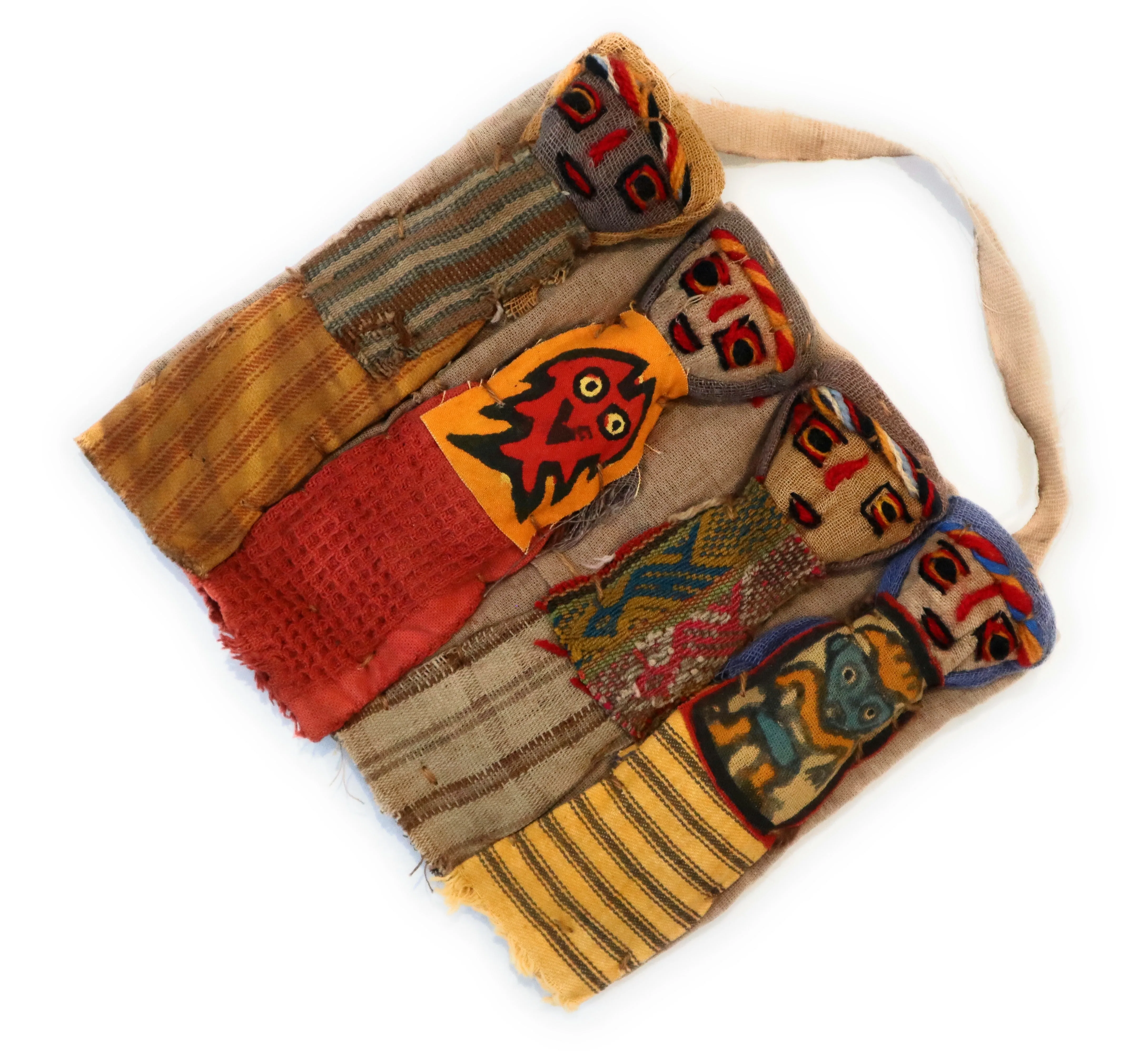 Funerary Dolls, Fertility Amulet Wall Hanging. Four Dolls Wrapped on Handwoven Traditional Peruvian Textile. 8" W x 6" H.