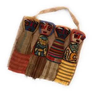 Funerary Dolls, Fertility Amulet Wall Hanging. Four Dolls Wrapped on Handwoven Traditional Peruvian Textile. 8" W x 6" H.