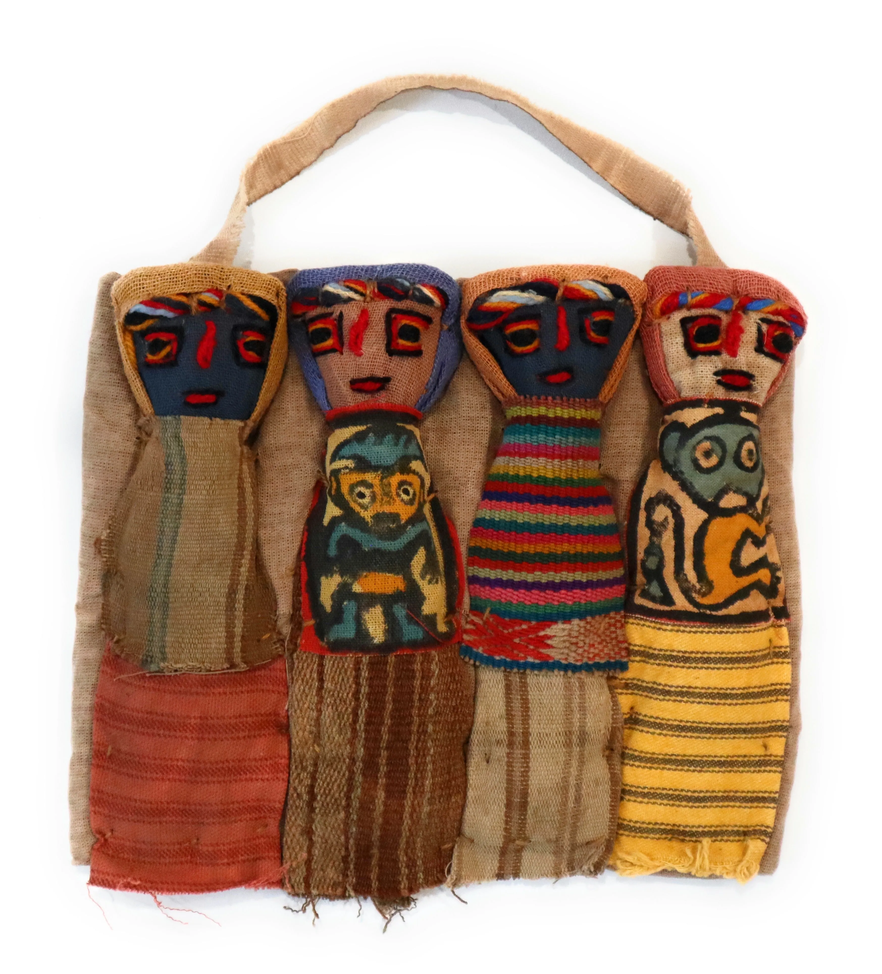 Funerary Dolls, Fertility Amulet Wall Hanging. Four Dolls Wrapped on Handwoven Traditional Peruvian Textile. 8" W x 6" H.
